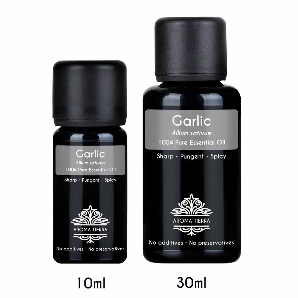 Aroma Tierra Pure Garlic essential oil from India, help with bloating, indigestion, and gas.